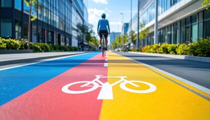Cyclist rides a colorful bike path in urban area