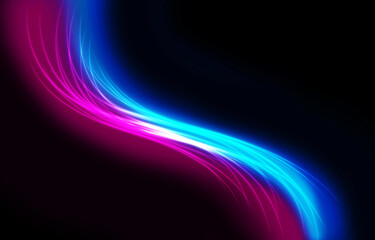 A sleek, flowing light streak against a deep black background. The vibrant neon-like colors, primarily electric blue and magenta, create a sense of motion and energy