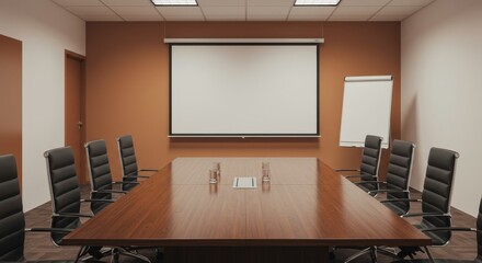 Realistic Photo Of Empty Meeting Room With Brown Table And White Screen