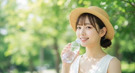熱中症対策で水を飲む若い女性
