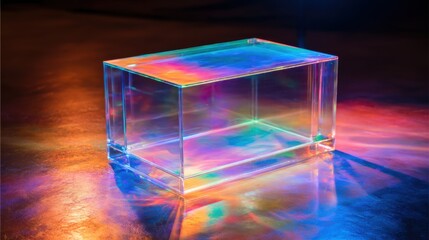 Translucent rectangle prism with rainbow highlights atop a textured surface