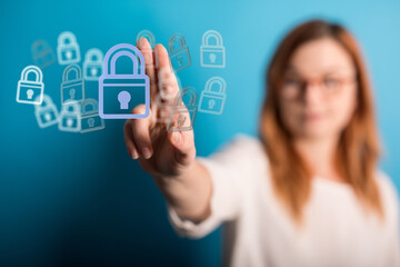 Image depicts a woman's finger interacting with a digital padlock, illustrating concepts of online...