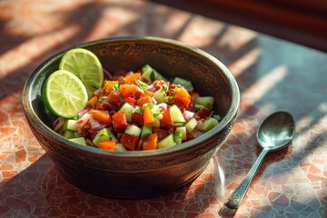 Colorful chopped salad with lime wedges in ceramic bowl, with spoon, on a textured surface dappled with sunlight