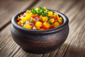 Colorful fruit salsa in rustic bowl