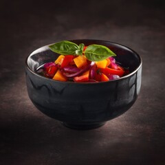 Colorful salad in a dark bowl, topped with fresh basil, against a textured background