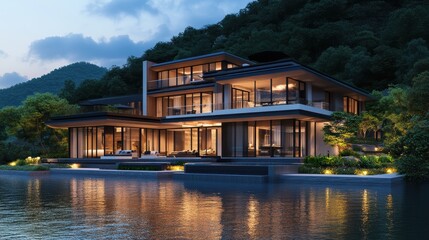 Obraz premium 3d rendering of modern house by the river house, luxury, villa, modern, architecture, building, exterior, residential, property, designer