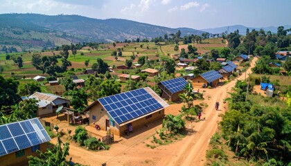 Rural village homes with solar panels. Distant hills in view. Dusty path leading through