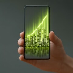 Glowing city skyline with rising graph displayed on handheld smartphone