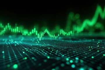 Green graph overlayed on grid of glowing dots, suggesting data analysis and growth