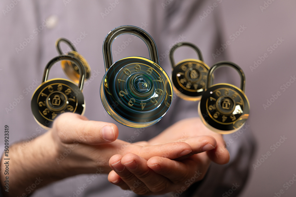 Poster Safeguard your information with strong passwords and encryption.  Cybersecurity matters!
