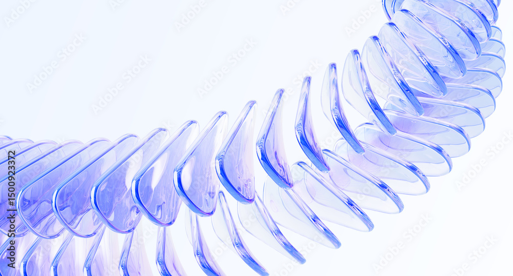 Poster Abstract 3d background with rows of glass holographic transparent curve shapes. Iridescent gradient wave line pattern. Futuristic digital tech network, data array, speed motion effect. 3D illustration