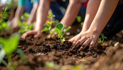 Hands plant a seedling in soil. Children gardening, sunshine. Close up, focus on growing plant