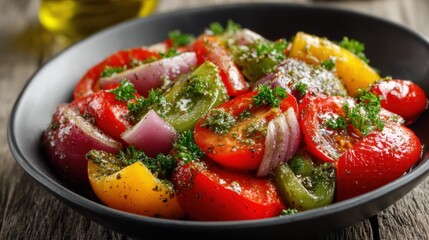 Sautéed peppers & onions, sprinkled with herbs in a black bowl, sits on a rustic wood table