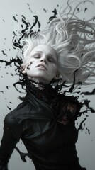 Retrato monocromático de figura andrógina con cabello largo y elementos oscuros