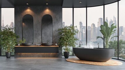 Modern bathroom with city view, sleek fixtures, grey walls, oval mirrors, plants, and steam from the tub