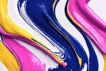 Swirling colors converge. Paint flows gracefully in white, pink, yellow, and deep blue with subtle granular texture