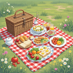 Picnic in Meadow: Fresh Foods, Wicker Basket, Spring Blooms
