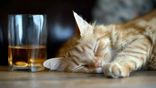 Sleeping cat dreamscape: peaceful ginger feline resting by glass of water. National Hangover Day