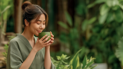 A woman enjoying a cup of matcha tea outdoors, eyes closed, surrounded by green plants. The moment feels peaceful and refreshing