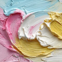 Thick, textured paint in pastel colors, swirled together, creating depth and visual interest