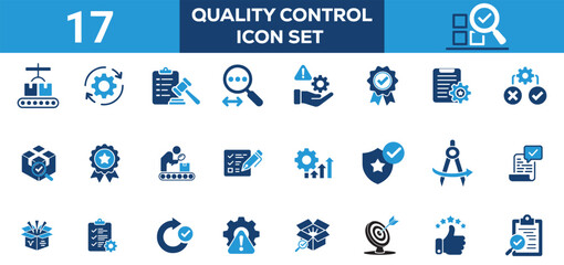 Fototapeta premium Quality Control Icon Set Containing inspection, production, analysis, research, approved solid icons collection white background