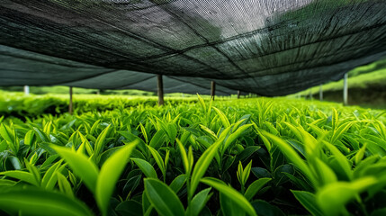 Close-up of green tea leaves growing under protective shade in a tea field