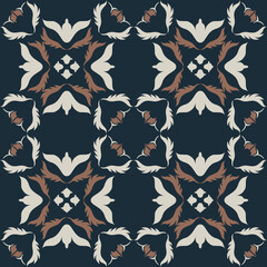 Seamless vintage damask floral tile design in blue and earthy tones, perfect for textile prints and home decor.