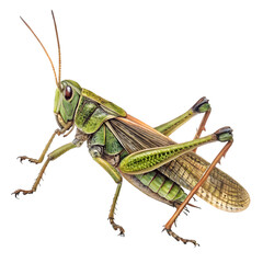 Fototapeta premium Detailed Closeup of a Vibrant Green Grasshopper, Isolated on Black Background, Showcasing Intricate Wing and Leg Details. A Masterpiece of Natures Art.
