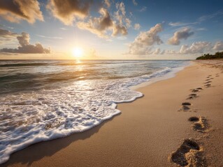 Obraz premium Footprints in the sand at serene beach during sunrise