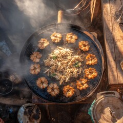 Round pan with ring of fried buns and sauteed vegetables steaming