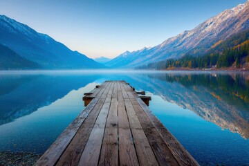 Serene lake scene weathered wooden dock extends into tranquil blue water, mirrored mountains in background, soft morning light