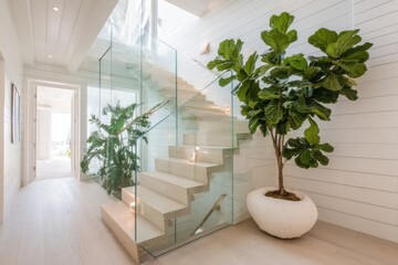 Bright hall Wooden staircase, glass railings, large green plants, white walls, and light wooden floors create a modern, airy interior