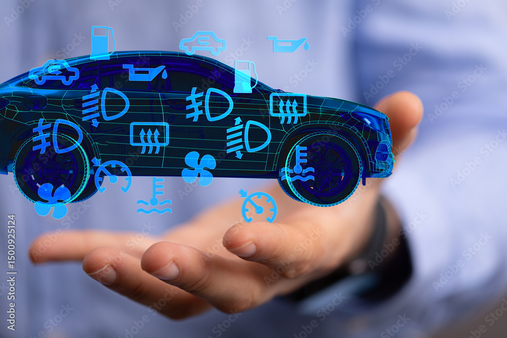 Poster stock photo of a hand holding a digital car with illuminated warning lights and indicators. perfect 