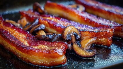 Crispy bacon strips and sautéed mushrooms in a pan, glistening with oil
