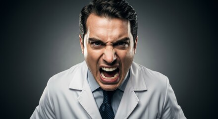 Obraz premium Angry Doctor Baring Teeth - A furious doctor, eyes blazing, mouth open in a yell, teeth bared, conveying anger, rage, frustration, and aggression. Symbolizes stress, burnout, medical crisis
