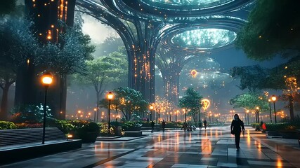 Serene urban park at twilight with glowing trees and futuristic architecture, peaceful ambiance