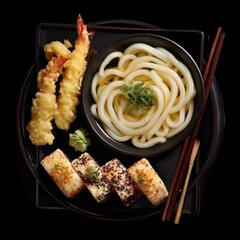 Black tray holds udon noodles, tempura shrimp, sushi, and chopsticks