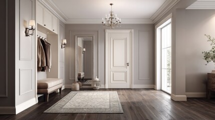 Elegant entryway. Cream walls with paneling, dark wood floor, large mirror, chandelier, bench, coats, and light streaming through the window