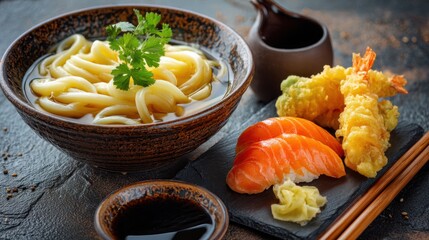 Japanese udon, tempura & salmon nigiri served with soy sauce