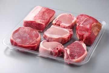 Assorted raw pork cuts in clear plastic tray