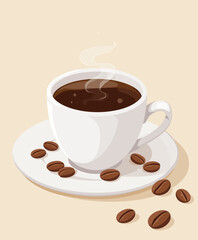 Steaming Coffee Cup with Beans on Beige Background
