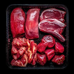 Assorted raw red meat cuts arranged in a black tray, ready for cooking, viewed from directly above