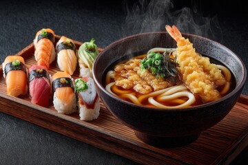 Sushi & udon set presented on wood tray, steam rising from the noodle bowl