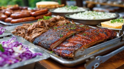 Buffet of delicious grilled meats, sides, & slaw on platters, prepared outdoors, in an inviting, rustic setting