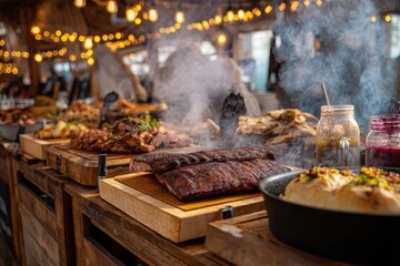 Delicious feast on wood boards with steam rising under warm lights