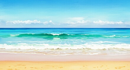 Obraz premium Watercolor Beach Scene Blue Ocean Meets Sandy Shore Under Sunny Sky