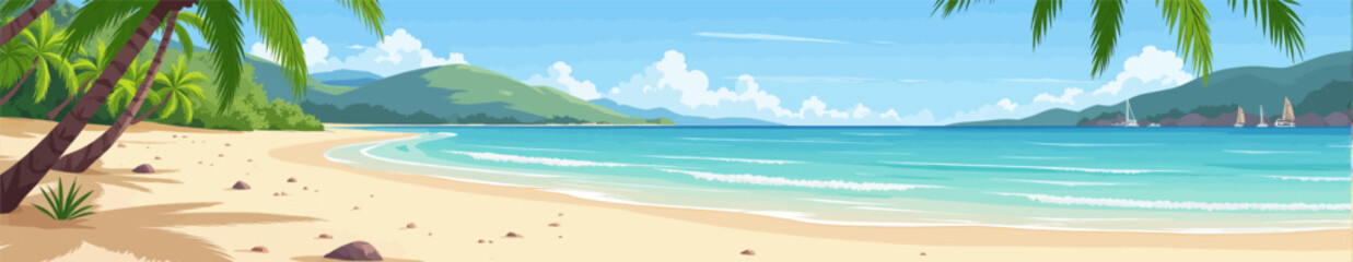 Obraz premium Tropical Beach Serenity: Palm Trees, Sailboats, Azure Sea