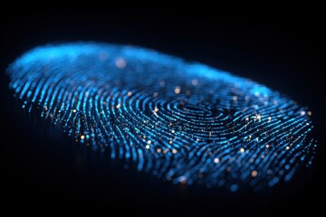 Glowing fingerprint. Blue, digitized whorls on black, with tiny orange sparkles tracing lines. Macro view, futuristic vibe