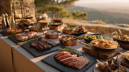 Abundant buffet on stone terrace overlooking a blurred valley at sunrise