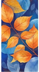 Fototapeta premium Watercolor Illustration of Autumn Leaves in Orange and Blue hues